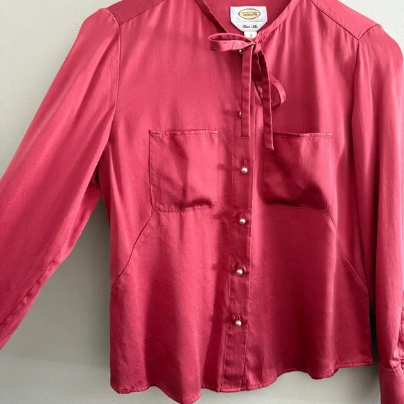 Vintage Silk Raspberry Red Necktie Blouse with Pearl Buttons - Picture 3 of 6